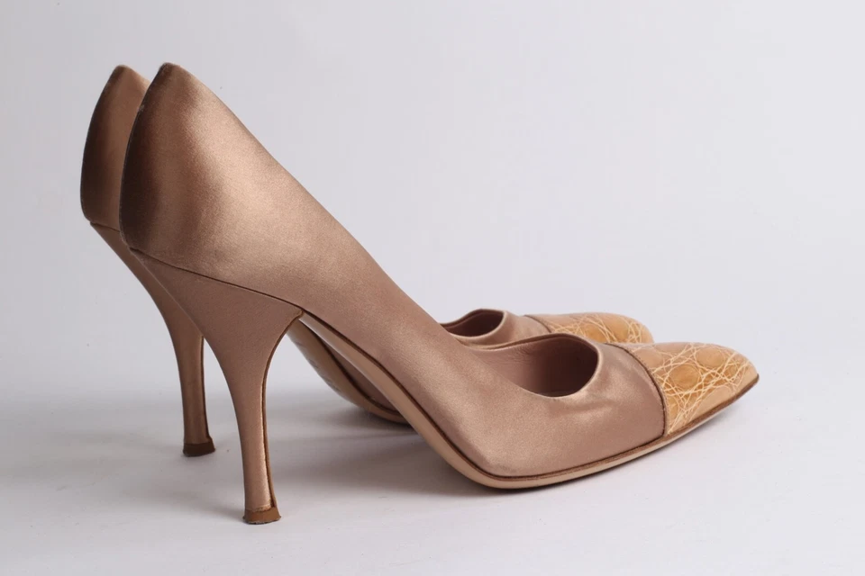 PRADA Bronze Satin Croco Snake Print Leather Cap Pointed Toe Pumps Size 37.5 - Image 2 of 4