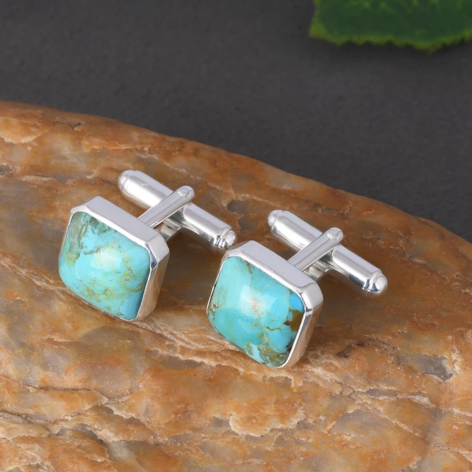 Gemelos cuadrados de plata esterlina maciza Kingman turquesa regalo para él joyas Foto 3 de 4