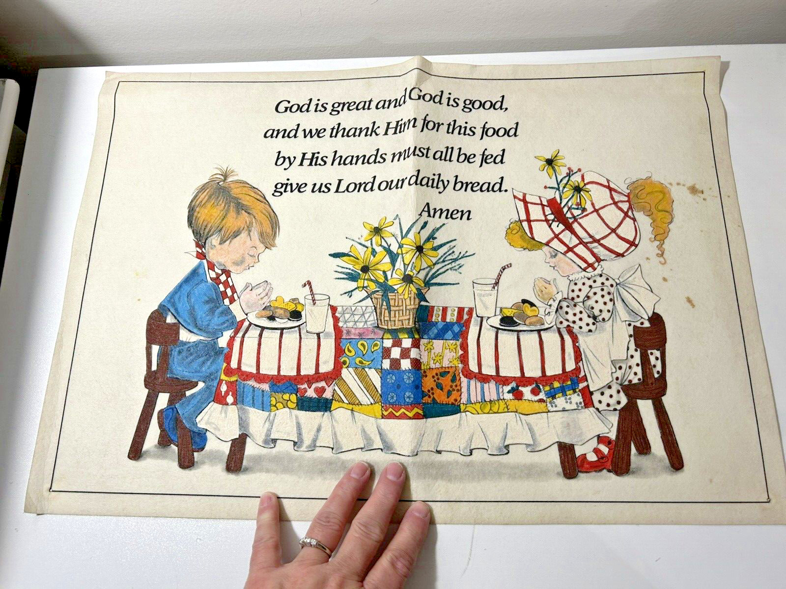 Vtg Tri-Chem Liquid Embroidery God is Great God is Good Little Boy Girl Praying