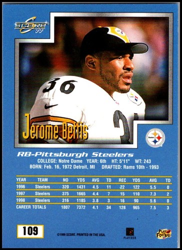 1999 Score #109 Jerome Bettis - FREE SHIPPING! - Picture 2 of 2