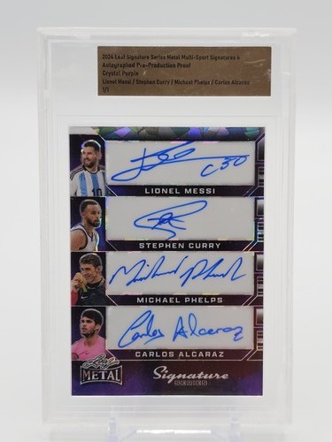 LIONEL MESSI CURRY PHELPS ALCARAZ 2024 LEAF METAL SIG AUTO 1/1 BLACK Q5220