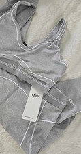ALO Gray White Bra Leggings Set Stretch Yoga Gym Women's Activewear