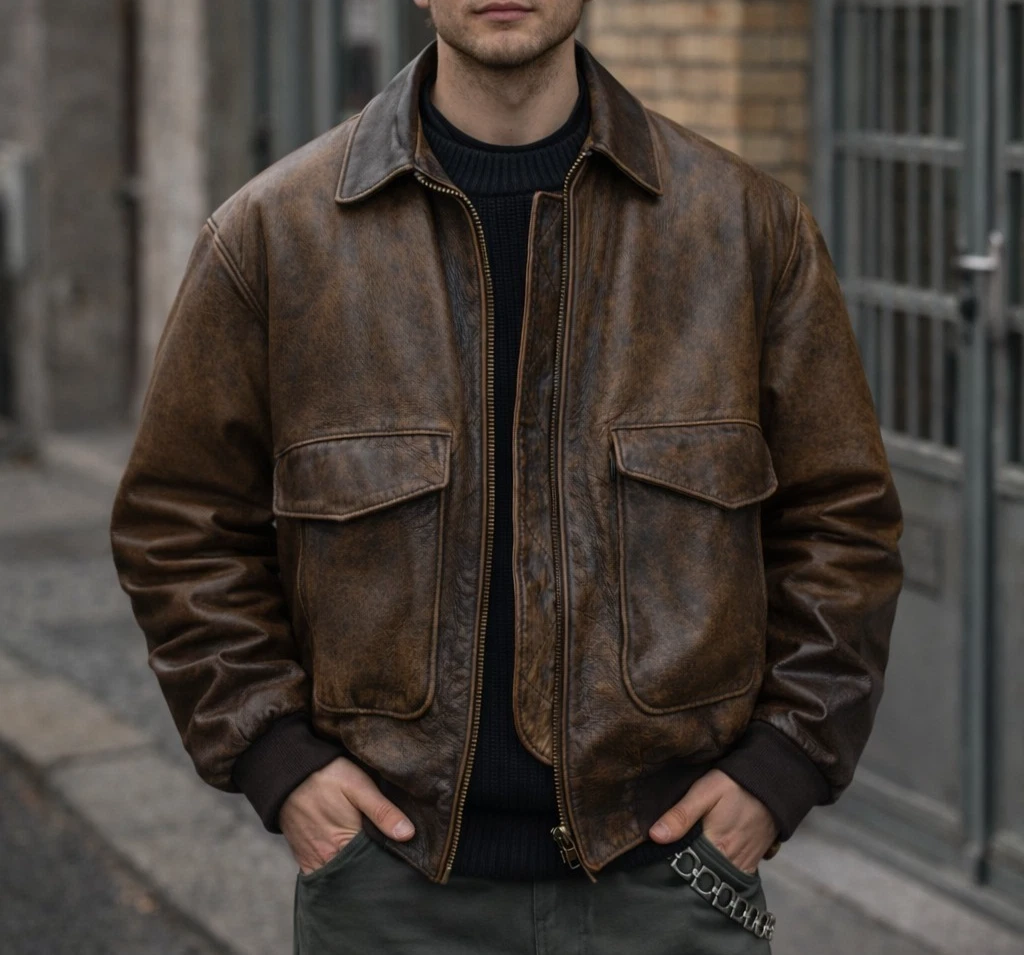 Aviator A-2 Flight Jacket Distressed Brown Real Lambskin Leather Bomber Jacket