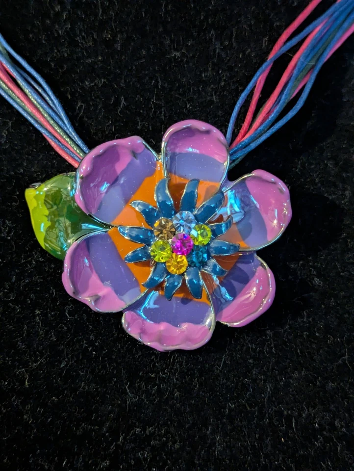 Purple & Pink Enamel Large Flower Multi-String Necklace & Earrings w/ Crystals - Image 3 of 4