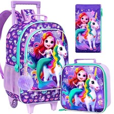 3Pcs Rolling Backpack for Girls, Kids Unicorn Roller Bookbag with Wheels, Whe...