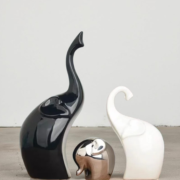 Trio éléphant design moderne sculptures décoratives noir blanc argent idée cadeau crémaillère