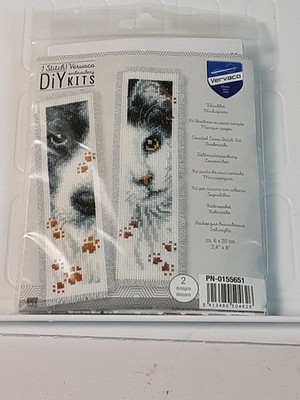 NEW Vervaco DIY Embroidery Kit Cat/Dog Faces 0155651 Bookmark 2.4x4.8 Cotton 