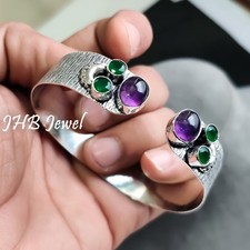 Bracelet manchette en argent sterling 925 pierre précieuse améthyste et onyx ...