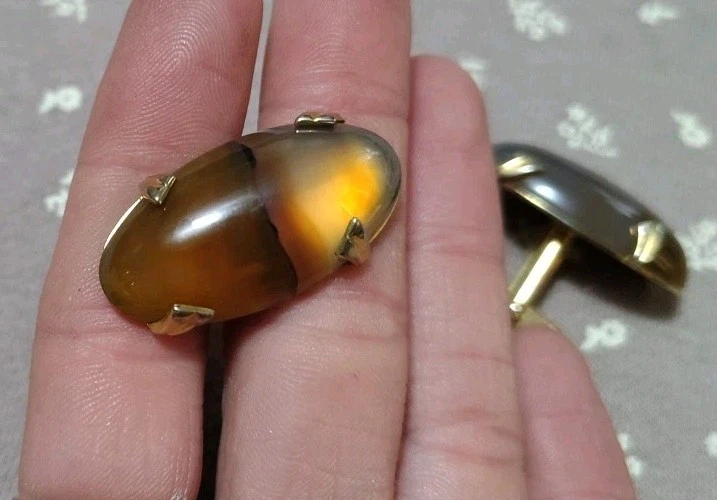 GRANDES Gemelos de Ágata Marrón Tono Dorado Pulidos Declaración Modernista Anson De Colección C1 Foto 3 de 4