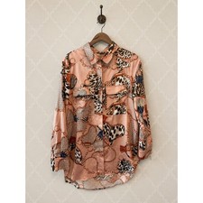 Women's Satin Chain Link and Leopard Print Button-Down Pink Scarf Motif Blouse
