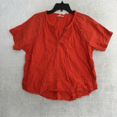 Rocks & Indigo Womans Blouse Top Orange Solid XL Cotton Short Sleeve Fringe
