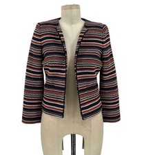 Hobbs London Navy Blue Orange Striped Tweed Open Blazer Size US 4