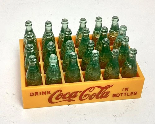 Vintage Plastic Coca Cola Mini Glass Bottles in Yellow Crate