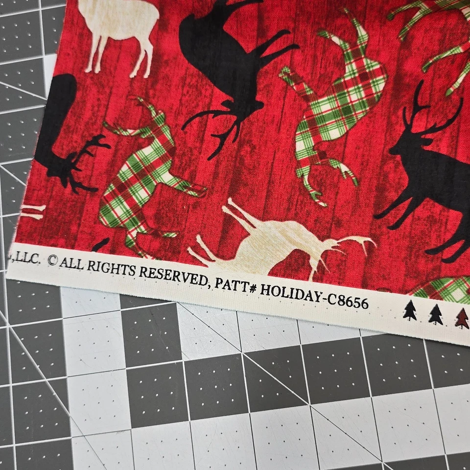 Cotton Fabric 17"x44" Red Black White Green Deer Buck Horns Silhouette Plaid - Image 4 of 4