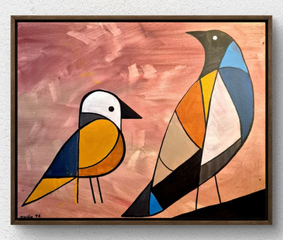 Original Minimalist Crow Sparrow 16x20 Acrylic Canvas Signed Vibrant Wall Art 03