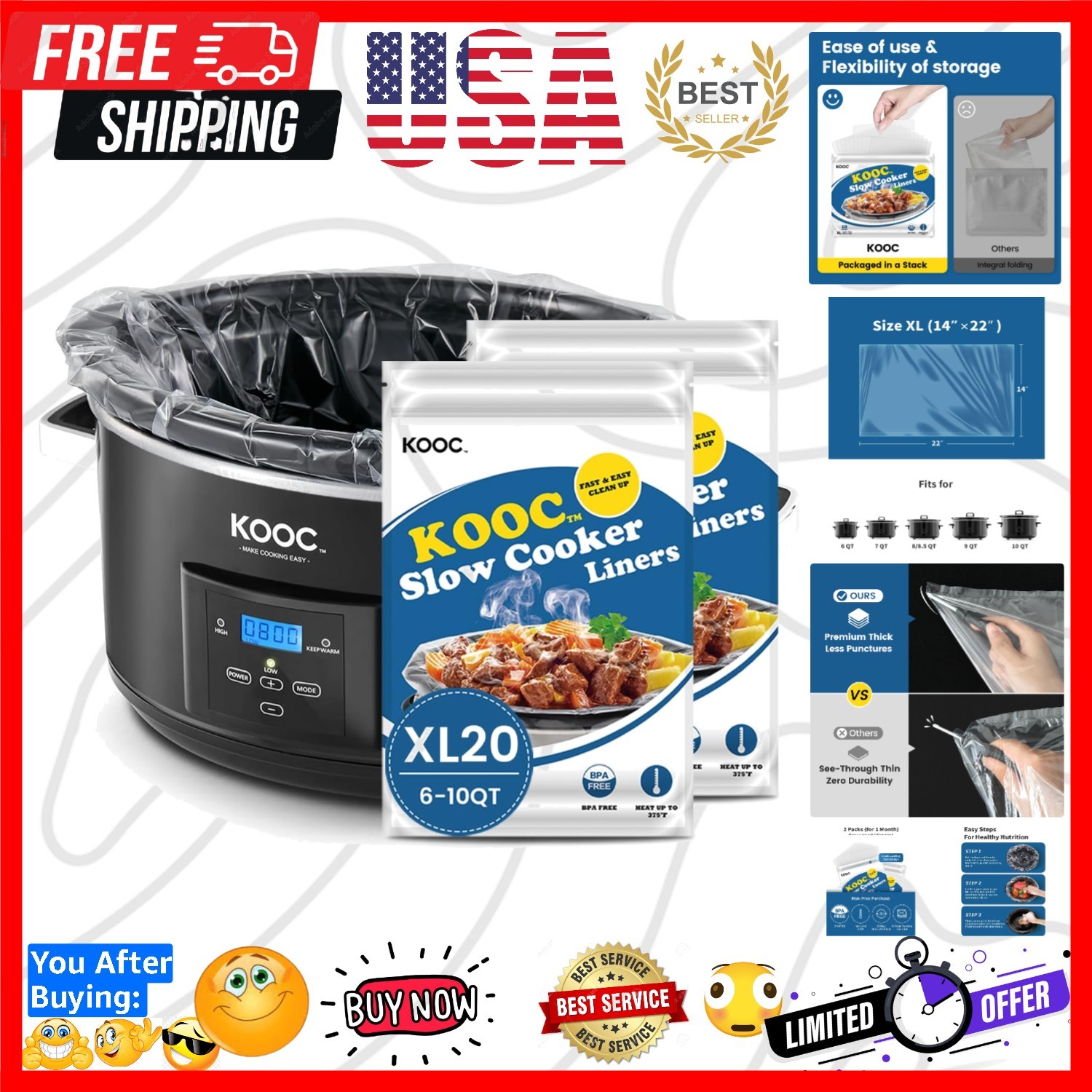Slow Cooker Liners 14"x22" 20 Count Extra Large Size Disposa