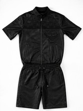 MCM Men s All Black Leather Short Sleeve Track Suit Set Zip Up Top Shorts