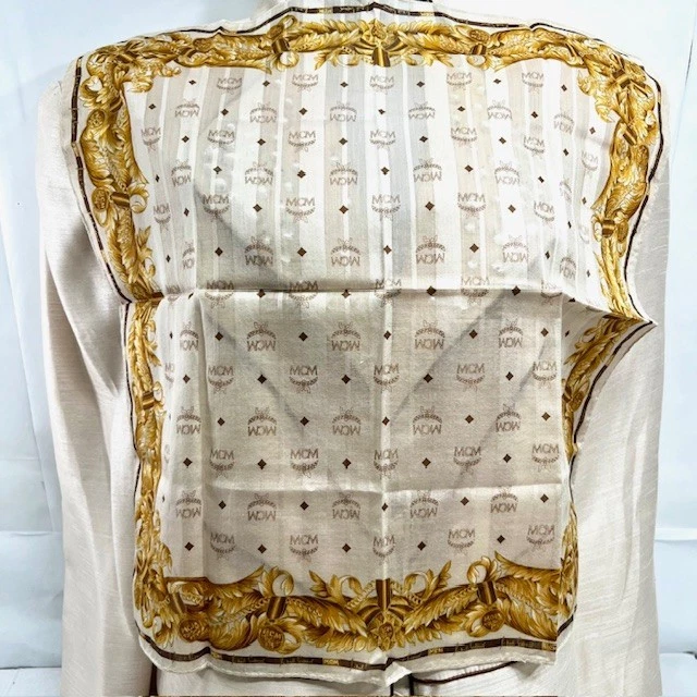 Nuevo Hombre/Mujer MCM Mini Bufanda/Manejador Algodón/Seda Blanco Beige Dorado 19" (Último 1) Foto 3 de 4