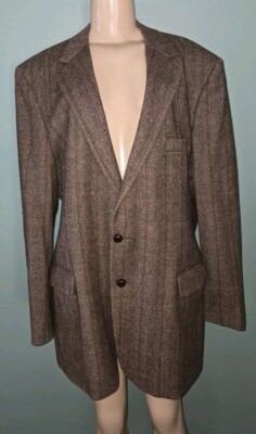 Vintage Hardy Amies Brown Tweed Herringbone Elbow Patch Jacket Size 42R