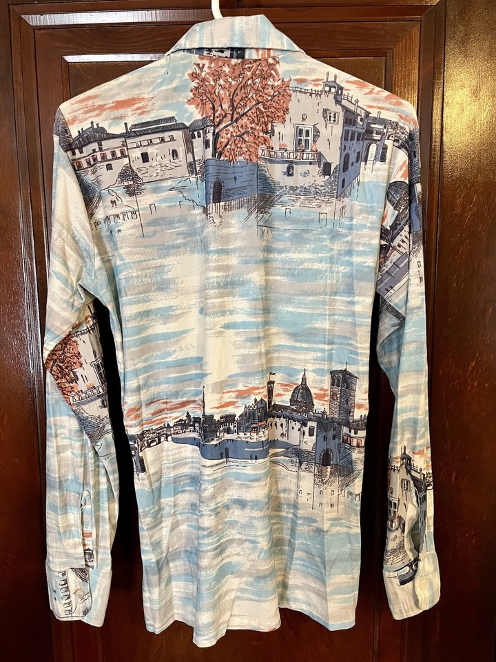 Vintage Beeline Shirt Mens European City Print Button Up Long Sleeve