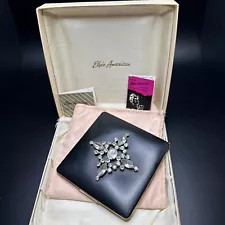 Vintage Elgin American Rhinestone Black Enamel Gold Tone Metal Powder Compact
