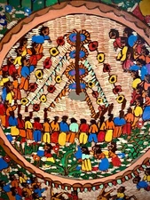 Mexican AMATE  Plate MAYPOLE/ CULTO DE LOS CERROS 11” FOLK ART VTG Decorative