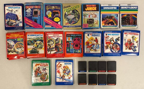 1980s MATTEL INTELLIVISION LOT OF 24 VIDEO GAMES 16 W/ BOX DONKEY KONG TARMIN +