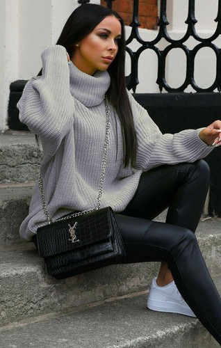 Womens Ladies Chunky Knitted High Polo Roll Over Neck Oversize Jumper Dress  Top | eBay