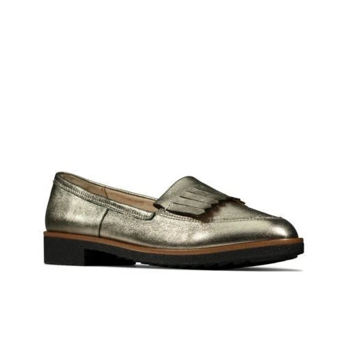 Scarpe da donna Clarks Griffin Kilt Stone in pelle metallizzata taglia UK 5D