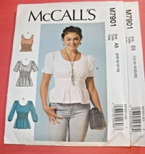 McCall's Pattern 7901 Pullover Shirred Midriff Tops 4 Styles Sizes 6-14 uncut