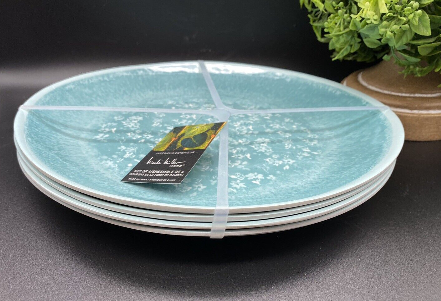 NICOLE MILLER MELAMINE Aqua Blue Spring Floral Print 11" Dinner Plate (Set of 4)