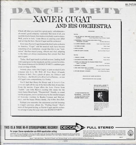 XAVIER CUGAT dance party U.S. DECCA LP DLP-DL-74740_orig 1966 LATIN near MINT - Picture 3 of 4