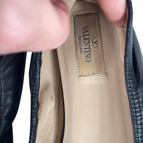 VALENTINO GARAVANI Scrunch Ballet Flats Size 7.5 Size 37.5 Leather Flower Black - Picture 10 of 15