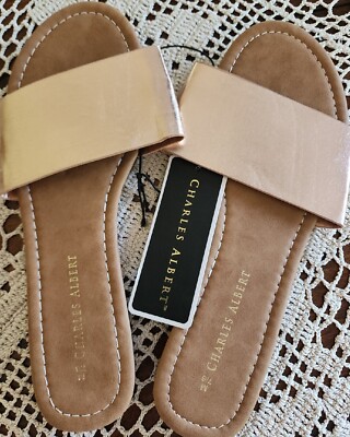 Charles Albert ~ Slip On ~ Open Toe ~ METALLIC Strap Sandals ~ Ladies M (7/8)