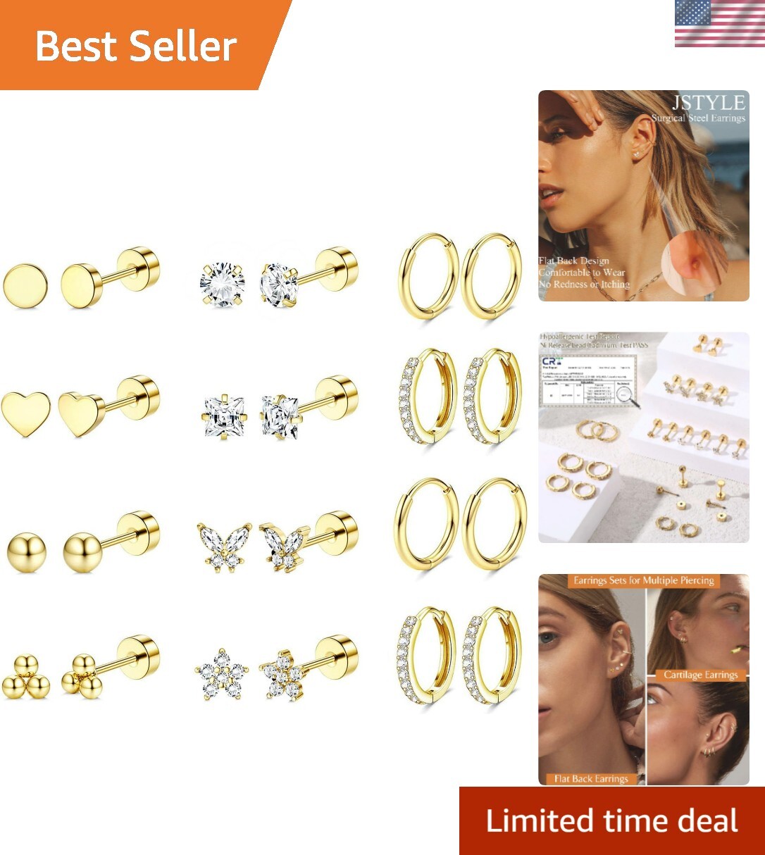 Hypoallergenic Surgical Steel Earrings for Sensitive Ears 14K Gold Flat Back ...
