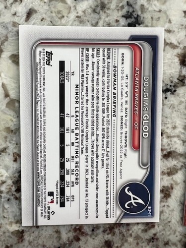 2024 BOWMAN CHROME GREEN PARALLEL CARD ATLANTA BRAVES DOUGLAS GLOD #BCP11 - Picture 2 of 2