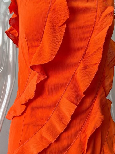 Women Orange Layered Ruffle Split Off Shoulder Long Soft Slip Cocktail Dress - Picture 6 of 20