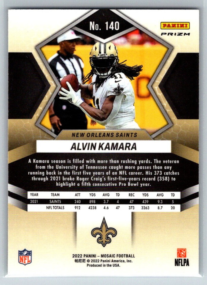 2022 Panini Mosaic Alvin Kamara Red Sparkle Prizm Card 140 Saints