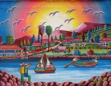 Naive Art- Colombia - Jaime Fuentes aka "Perinchy" - Boat on lake-Rainbow Sky 