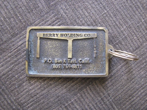 BERRY HOLDING CO. Metal Key Chain Approx. 3 1/4" x 2" w Eyelet  & Loop -Vintage