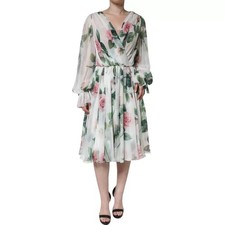 Dolce & Gabbana White Silk Floral Print A-line Midi Women's Dress Authentic