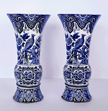 DELFT BLUE &WHITE PAIR OF PEACOCK VASES 9.1 INCHES SOCIÉTÉ CÉRAMIQUE MAASTRICHT