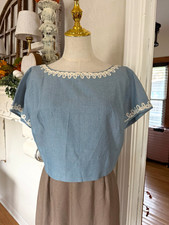 Women's Blue Brown White Lace Trim Woven Top  Skirt Set, Short Sleeve