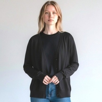 AUGUST SILK KNITS Womens Black V Neck Cardigan Button Front Knit Sweater XL