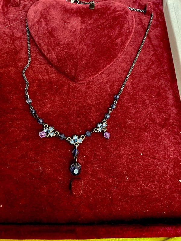 1928 Victorian Blue Pink Glass Stones On Black Chain Necklace
