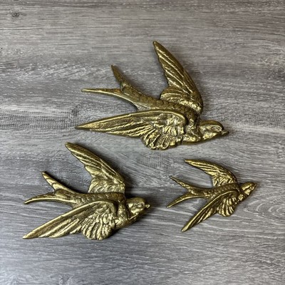 Vintage Set MCM Brass Metal Sparrows Wall Hanging Decor Well Made