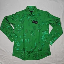 Barry Wang Long Sleeve Christmas Shirt Small Green with Green Print 20% Silk