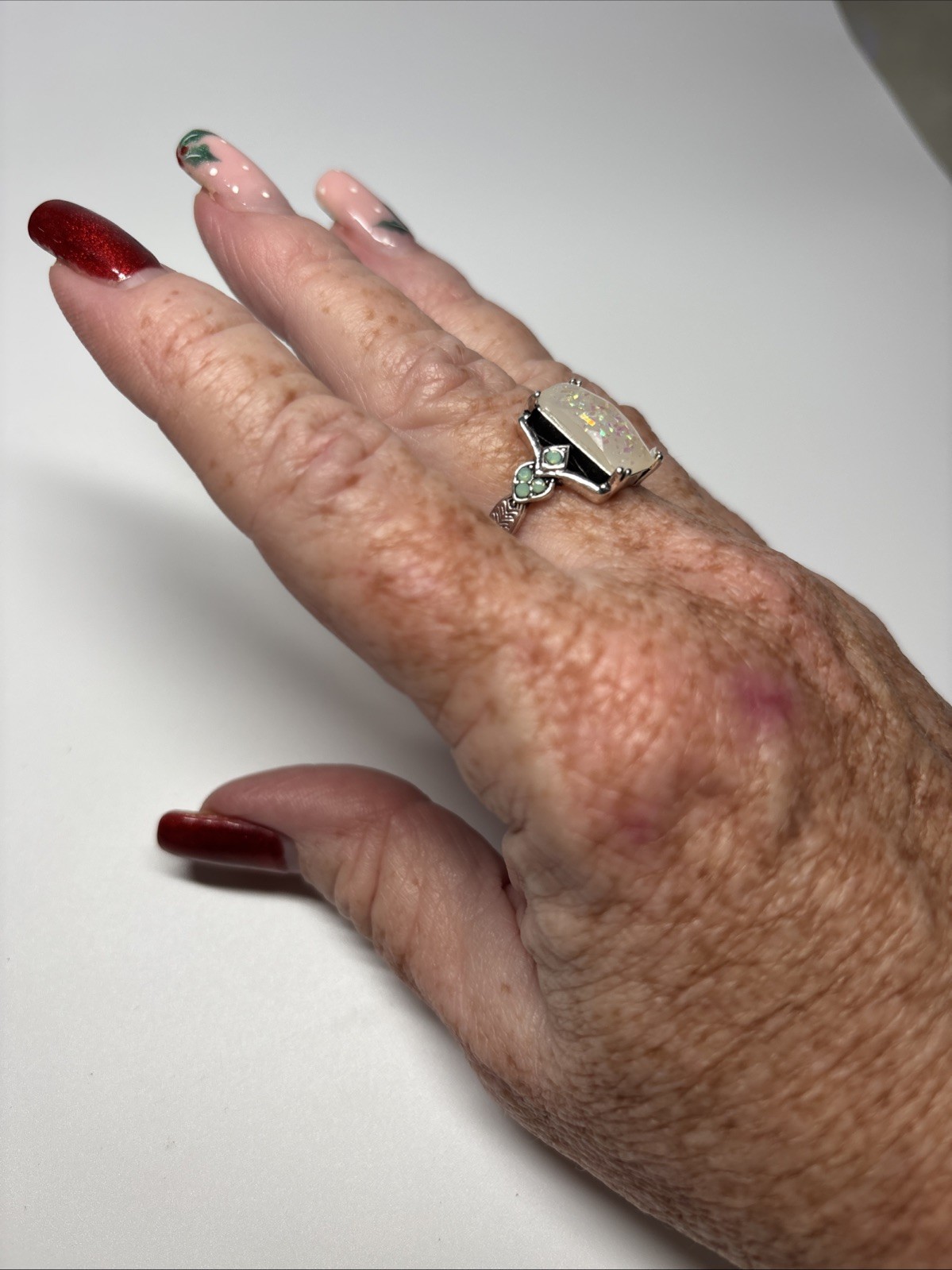 Sterling Silver Opal Look Ring Rectangular Fire O… - image 4