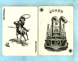 2 carte da gioco vintage JOKERs Swap "Cowboy a cavallo e River Paddle Wheeler
