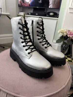Zara Silver Textured Vegan Leather Chukka Boots NEW Uk 3 - Image 1 of 4
